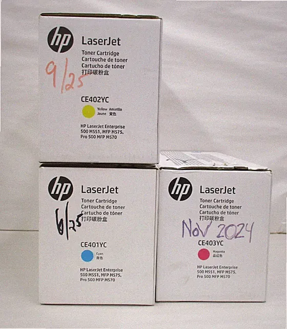3 HP Laserjet Printer Printing Toner Cartridge Magenta Cyan & Yellow